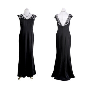 Maxi Dress Evening Gown Satin Sheer Beaded Mermaid Prom Formal Beaded Black 10